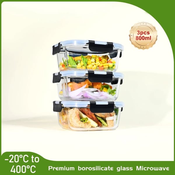 Glas Fødevareopbevaringsbeholdere, Lufttæt Design, Mikrobølgeovnssikker,3x800ml, M-a