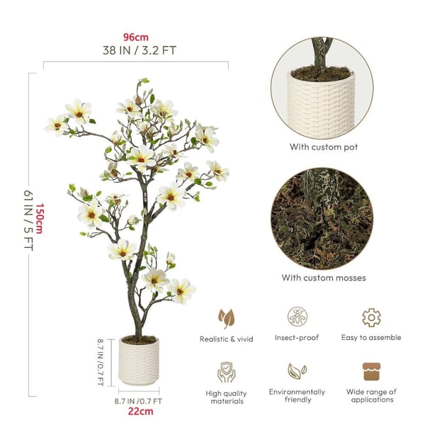 Kunstig Magnolia Plante, Livagtig Design, Alsidig Dekoration,150cm