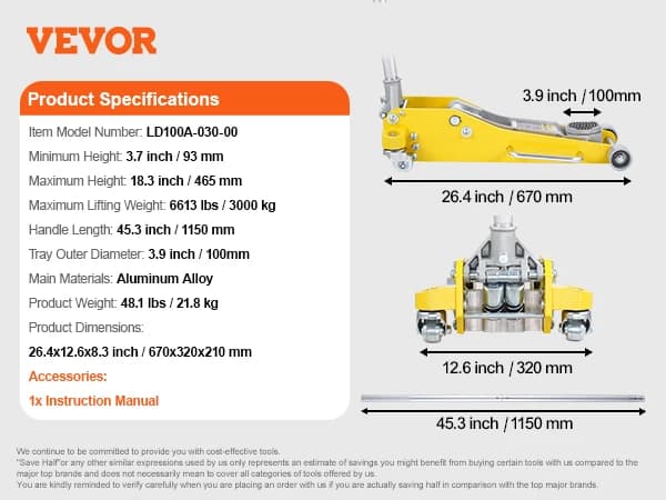 Hydraulisk Gulvjek, 3 Ton Kapacitet, Letvægts Aluminium Design,3T Aluminium