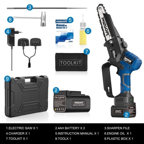 Elektrisk Motorsav, 600W Effekt, 6 tommer Førerbar, Børsteløs Motor,Pol kædesave, 6inch CS-2S blå, to batterier