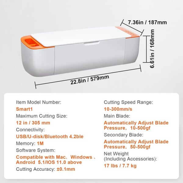 Vinylskærer, USB/Bluetooth-forbindelse, 10-300 mm/s skærehastighed, 12 tommer skærestørrelse,Hvid Orange