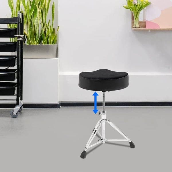 Trommestol, 100 kg kapacitet, højdejusterbar fra 45-68 cm, foldbart tripod design, ergonomisk PU-pude, kompakt og bærbar