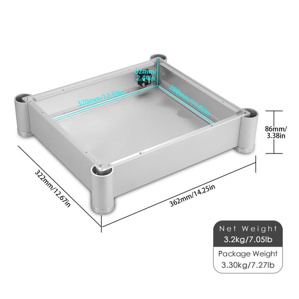 Lydforstærker Kabinet, Eksterne Dimensioner 362×322×86mm, Interne Dimensioner 320×280×62mm, Materiale Aluminiumlegering, Nettovægt 3.2kg