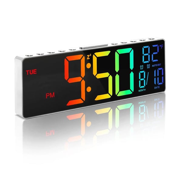 Digital vægur, LED-display, fjernbetjening,10 tommer, Hvid