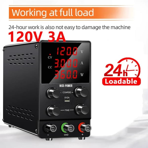 DC Strømforsyning, Justerbar Spænding op til 30V, Maksimal Strøm 10A,(120V3A)sort