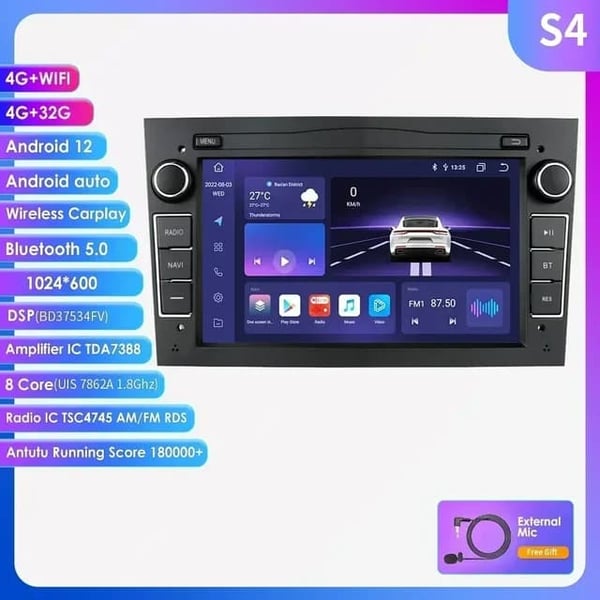 Carplay Android 12 -autoradio, GPS-navigointi, Bluetooth-yhteys, S4 Musta