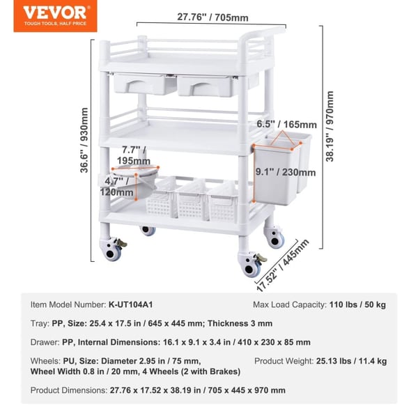 VEVOR Labvogn, Holdbar PP-bakke, Rigeligt med opbevaringsplads, Nem mobilitet,Hvid 4 PP 3 4