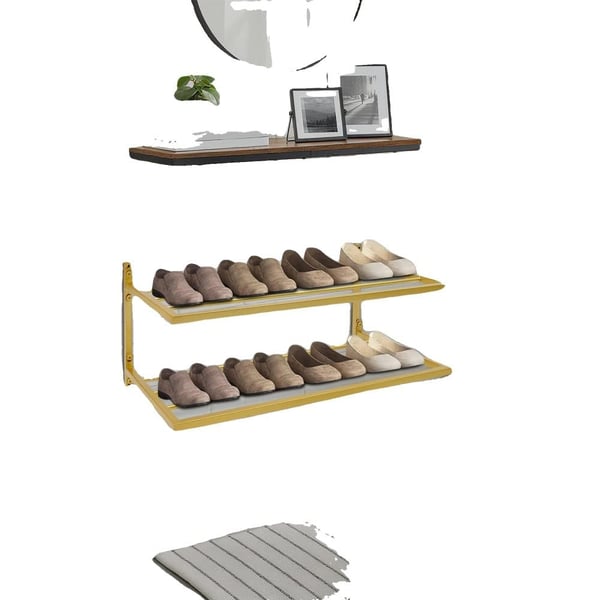 Sko Rack, Vægmonteret, 2 Niveauer,Guld