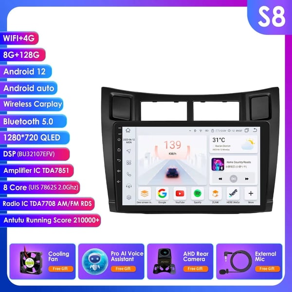 Bilmultimediesystem, berøringsskærmsinterface, kompatibel med Toyota Yaris 2005-2012,S8 AHD2 AI