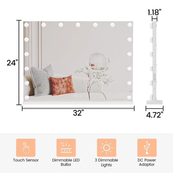 Spejl med lys, justerbar LED-belysning, smart touch-kontroller,32x24 tommer