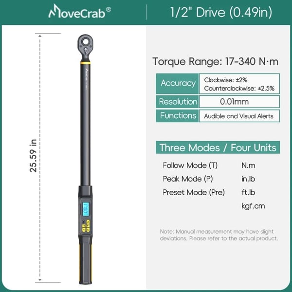 Digital Momentnøgle, ±2% Nøjagtighed, Baggrundsbelyst LED-display,17-340N.m