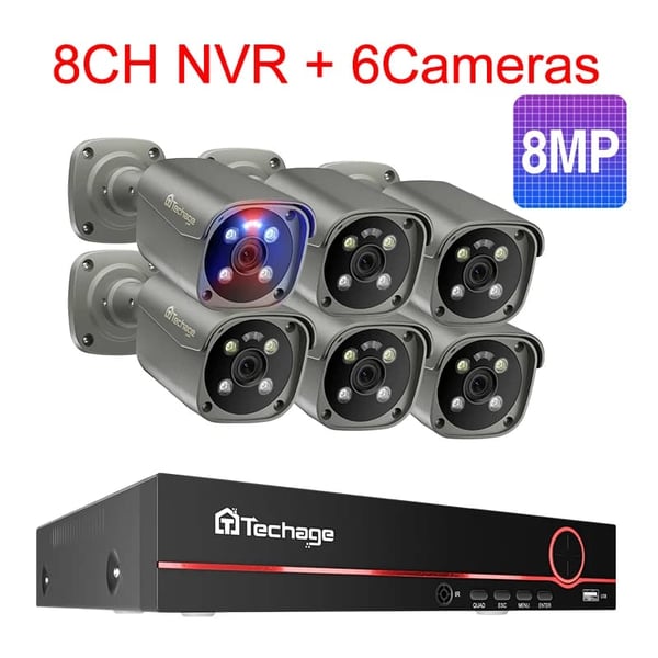 Techage Sikkerhedskamera System, 8 Kanal NVR, AI Menneske Detektion,8CH 6 stk 8MP kamera, Ingen