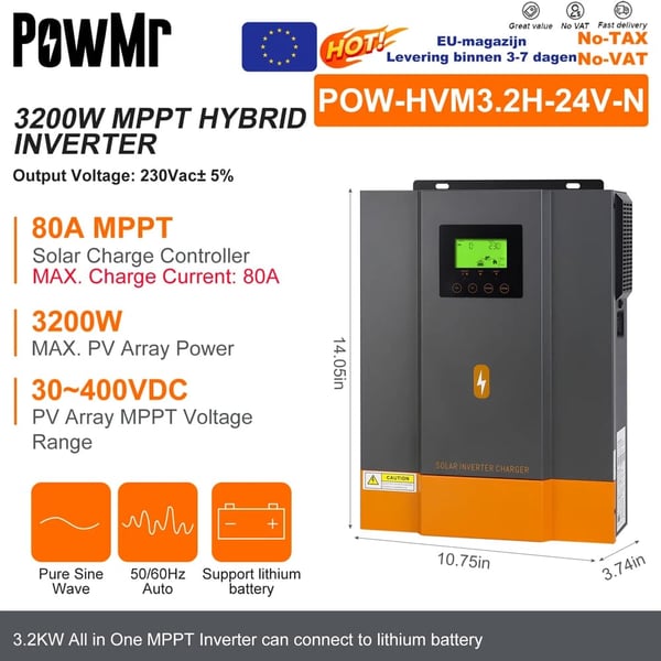 Hybrid sol inverter, 2KVA output, 80A MPPT laderegulator,3,2KVA 24V, 220-240V, Med WIFI