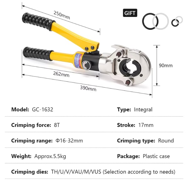 Hydraulisk rørkrympetang, kompatibel med Pex / Inox / Kobber, sort og gul, TH og U og M