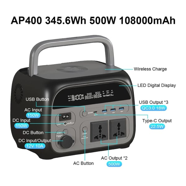 Kraftværk, 345,6Wh kapacitet, flere opladningsmuligheder,AP400 345Wh