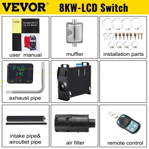 Dieselilma Lämmitys, LCD-ohjaus, Alhainen Polttoaineenkulutus,8KW LCD Kytkin Musta