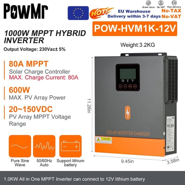 Hybrid sol inverter, MPPT solcelle laderegulator, ren sinuskurve output,220-240V, 12V 1K