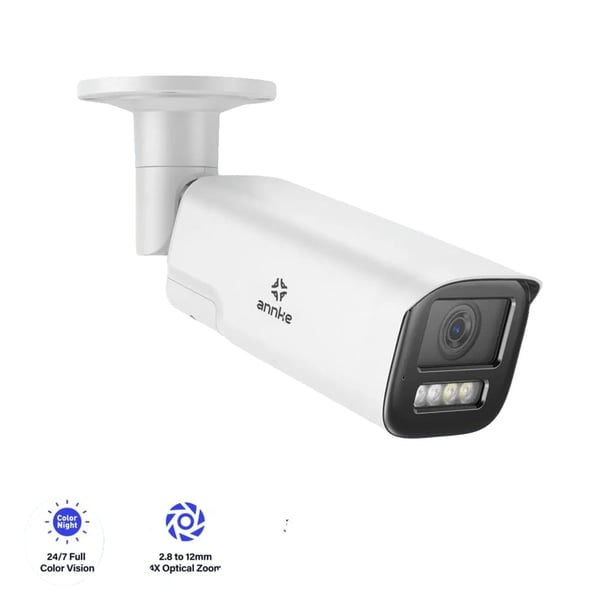 Netværkskamera, 8MP opløsning, 2,8 til 12 mm varifokal linse, IP67 vandtæt rating, understøtter PoE, tovejslyd