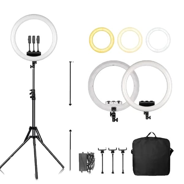 Ring Light, himmennettävä LED-lamppu, USB-lataus, 184cm jalusta valkoinen