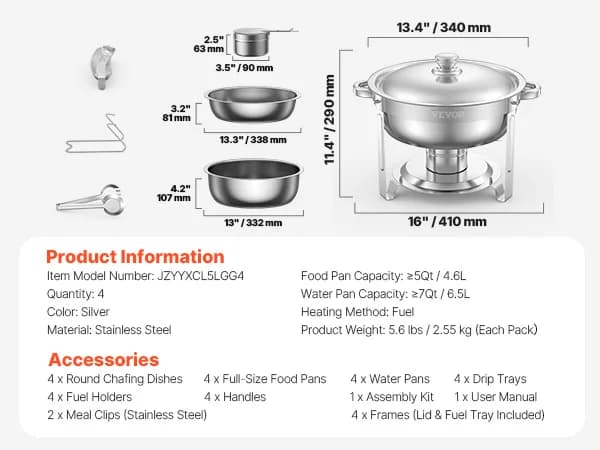 Chafing Dish, Rustfrit Stål, 5QT Kapacitet,Sølvfarvet
