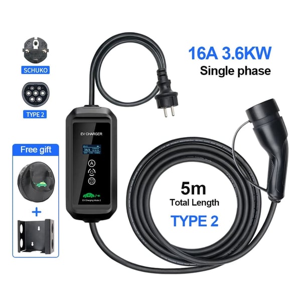 Bärbar elbilsladdare, 3.6 kW effekt, 16 A ström, Normal-3.6kw, TYP2