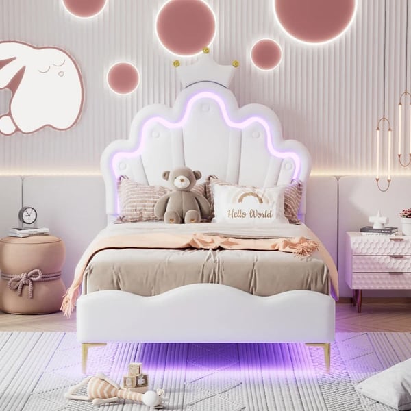 Børneseng, kroneformet design, LED-omgivelseslysstrimmel, Hvid