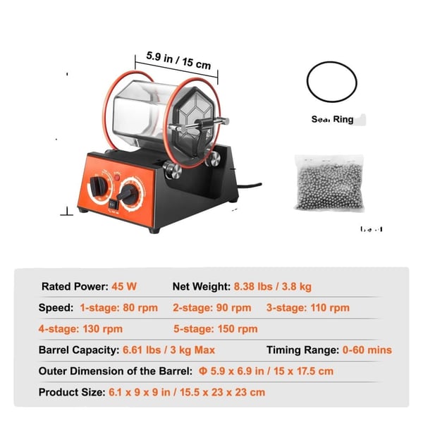 Rotary Tumbler, 5 Justerbare Hastigheder, Holdbar Polycarbonat,3Kg Kapacitet