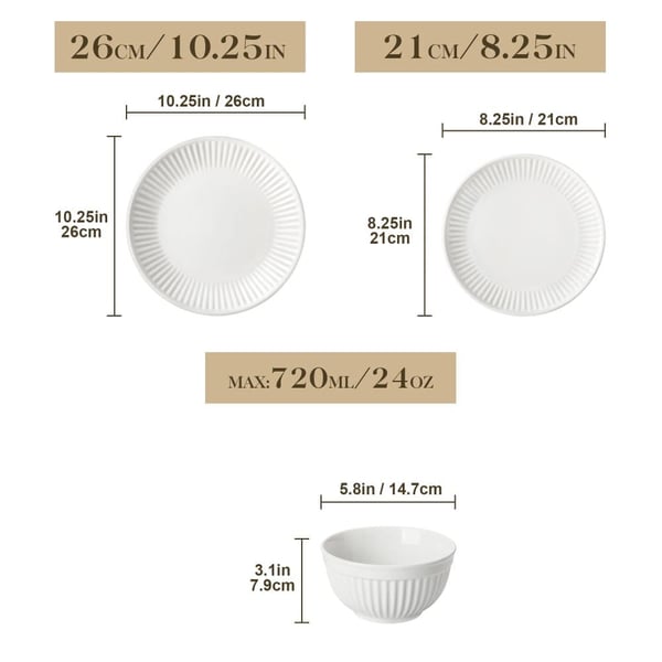 Keramisk Middagsservice, Elegant Rundt Design, Opvaskemaskine-Sikkert,2 sæt af 12PCS, Sort