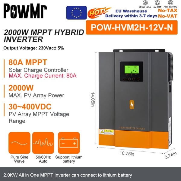 Hybrid sol inverter, ren sinuskurve, MPPT laderegulator,Med WIFI, 220-240V-a, 2KW 12V-a