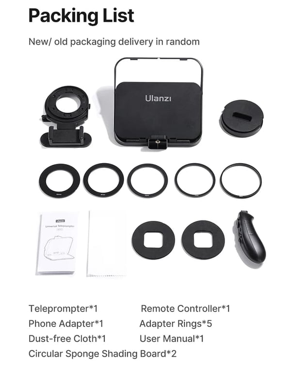 Transportabel Mini Teleprompter, Universelle Adapterringe, Ideel til Smartphones & DSLR-kameraer,RT02
