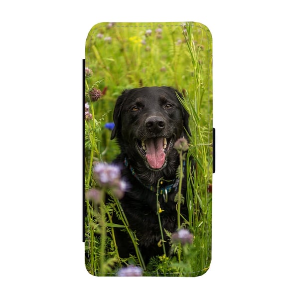 Til Samsung Galaxy S9: Black Labrador Dog, flip-cover med unikt motiv, mobilcover med standerfunktion