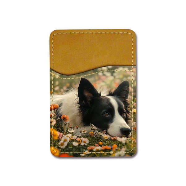 Selvklebende kortholder til mobil (Universell): Hund Border Collie, kortlomme med levende og unikt design til telefonen