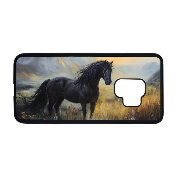 Til Samsung Galaxy S9: Sort Heste Oliemaleri, mobilcover med unikt motiv, beskyttende cover