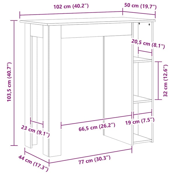 vidaXL Barbord med hylle sonoma eik 102x50x103,5 cm konstruert tre