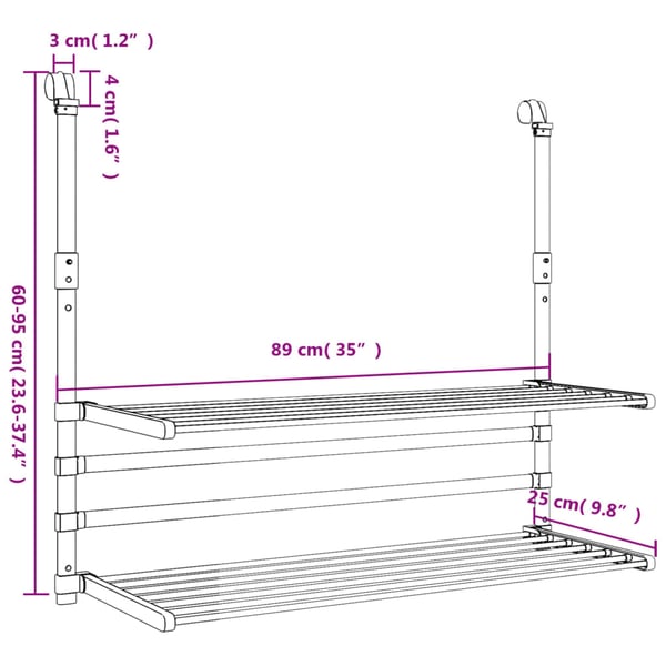 vidaXL Tørkestativ for balkong 89x25x(60-95) cm aluminium