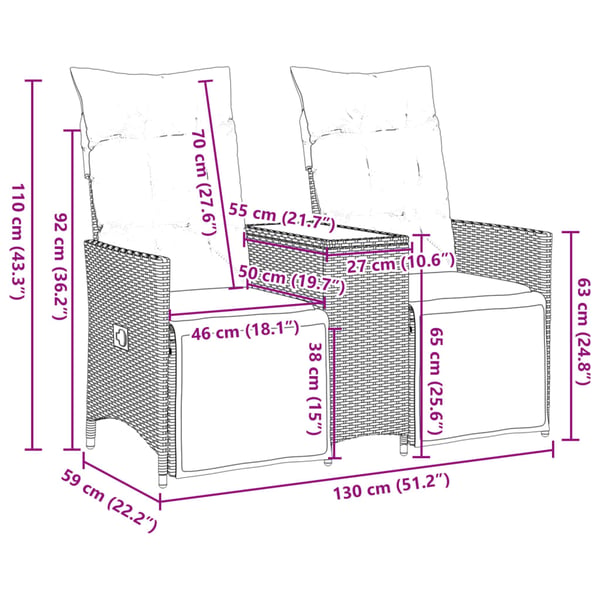 vidaXL 2-personers havesofa med bord og lænefunktion polyrattan brun