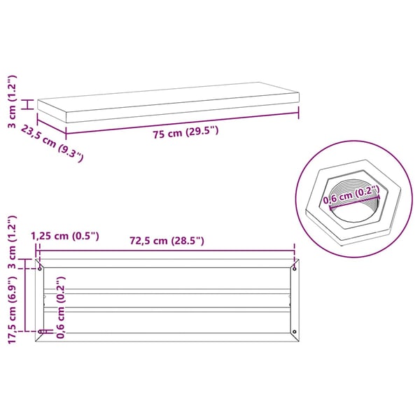 vidaXL Vegghyller 2 stk 75x23,5x3 cm sølv rustfritt stål