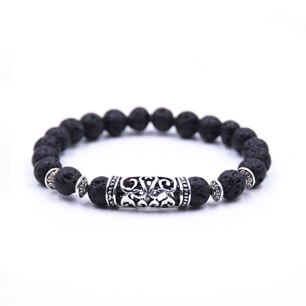 Håndlavet armbånd sort lava og sølv buddhisme