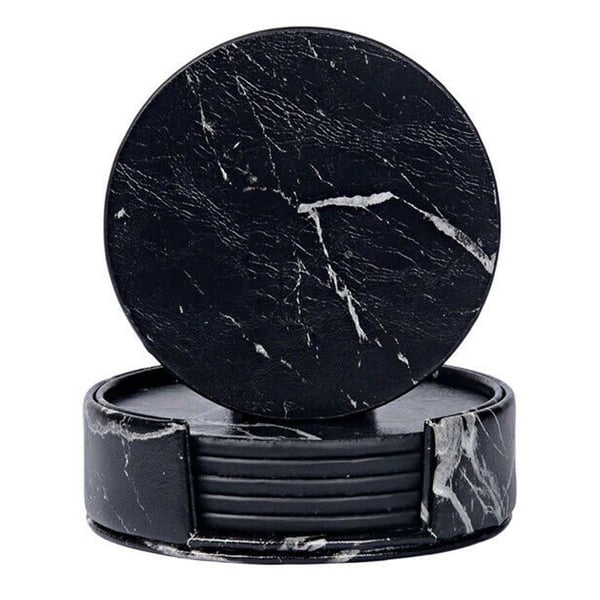 6-pakning Reversible Glass Pads Black Marble Pu med Holder