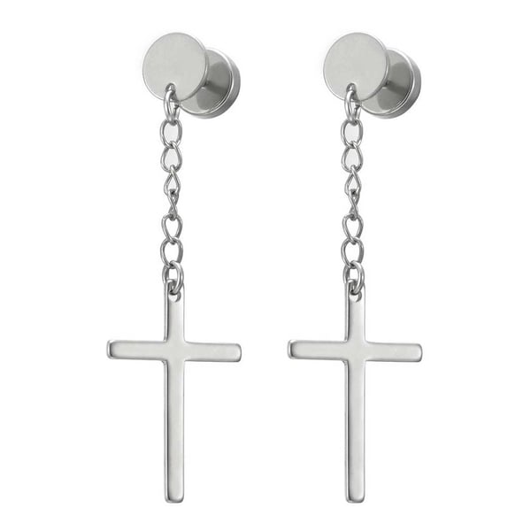 2-pack piercing ørering falske plugg med hengende kors sølv