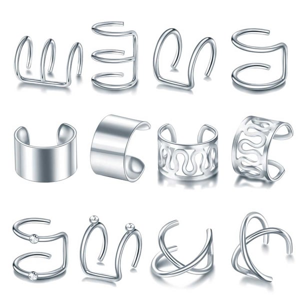 12-pack Fake Helix Piercing Öron Örhänge Ear Cuff utan Hål Silver