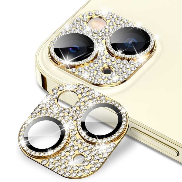 iPhone 15/15 Plus kamerabeskyttelse Bling hærdet glas guld