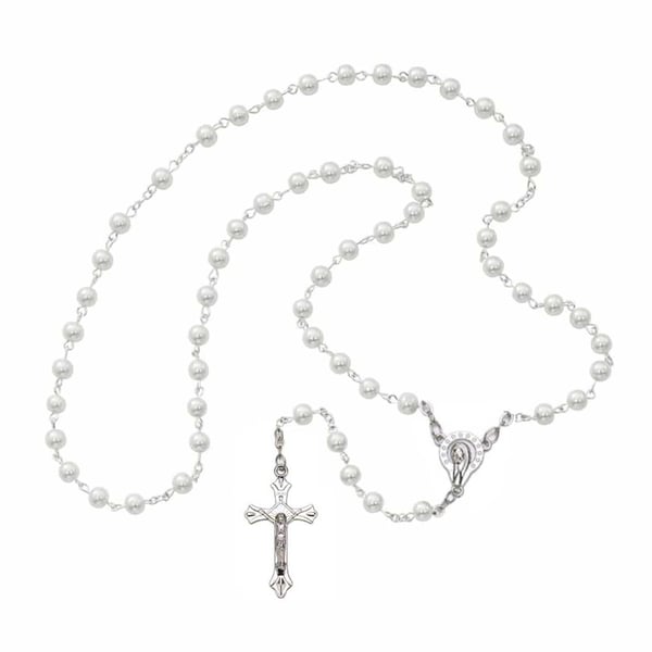 Pitkä Rosary ristillä ja 8mm valkoisilla lasihelmillä