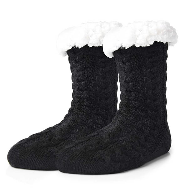 Lurviga Varma Stickade Sockor Tofflor med Halkskydd Svart