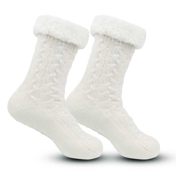 Lurviga Varma Stickade Sockor Tofflor med Halkskydd Vit
