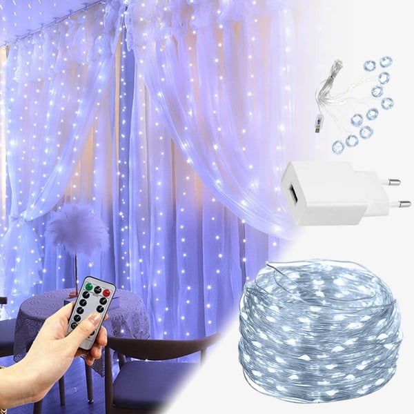 LED Gardin USB Ljusslinga med Fjärrkontroll 300 LED 3m Kall Vit LED Gardin USB Ljusslinga med Fjärrkontroll 300 LED 3m Kall Vit