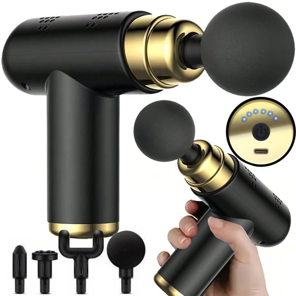 Mini massagepistol – kompakt och kraftfull muskelmassager med 6 hastigheter, 4 massagehuvuden och USB-C-laddning