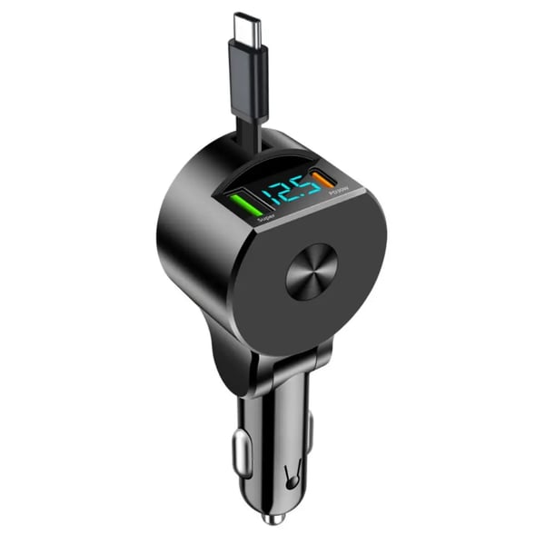 3-i-1 Upprullningsbar Billaddare 75W USB-C & USB-A Snabbladdning med LED Voltmeter, 12-24V
