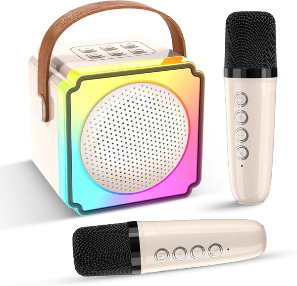Uppladdningsbar Trådlös Karaokemaskin med 2 Mikrofoner RGB LED och Röstförvrängning
