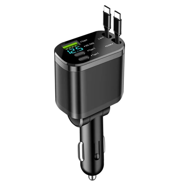 5-i-1 USB-C 100W Snabbladdare för Bil | Billaddare med Utdragbara Kablar